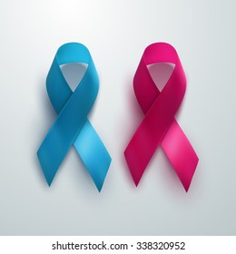 Blue And Pink Ribbons. Breast And Prostate Cancer Awareness Sign. Medical And Health Concept