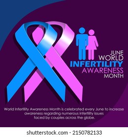 Blue and pink ribbons with male and female icons on dark purple background with bold texts and sentences, World Infertility Awareness Month in June