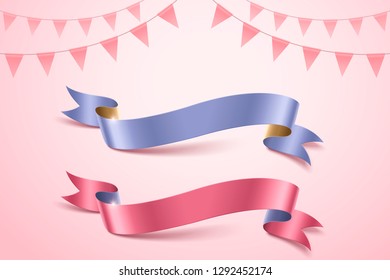 Blue and pink ribbons on flags background