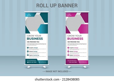 Blue and pink roll up banner Print, Media, Advertising, Construction, annual, report  template advertisement poster for business Vector Template AI 