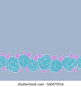Blue and pink roses with copy space (place for your text). Horizontal trendy vector seamless Floral Pattern.
