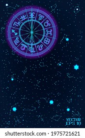 Blue and Pink Round Frame with Zodiac Signs. Horoscope Symbol. Panoramic Sky Map of Hemisphere. Glowing Constellations on Starry Night Background. Vector Illustration