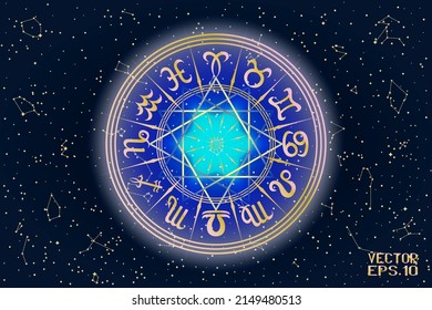 Blue and Pink Round Frame with Zodiac Signs. Horoscope Symbol. Panoramic Sky Map of Hemisphere. Glowing Yellow Constellations on Starry Night Background. Vector Illustration