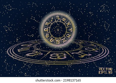 Blue and Pink Round Frame with Zodiac Signs. Horoscope Symbol. Panoramic Sky Map of Hemisphere. Glowing Yellow Constellations on Starry Night Background. Vector. 3D Illustration