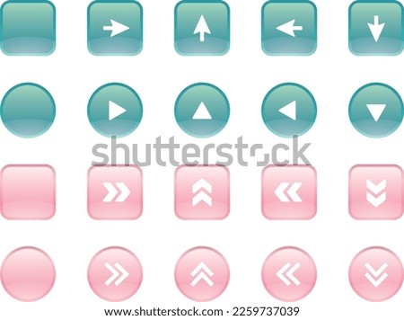 Blue and pink round and square button arrow set.
Glass-like transparent glowing button.