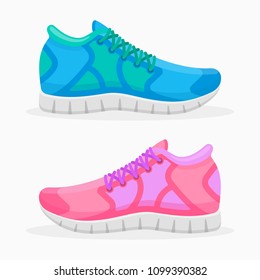 Blue and pink running shoes isolated on white background. Sport sneakers vector illustration.