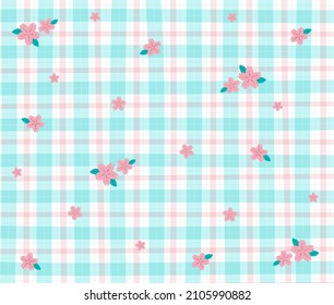 Flor rosa azul Sakura Flower Gingham Patrones De Fondo Editable Stroke. Tablero de ilustración vectorial, papel de envolvimiento de alfombras picnicas.	