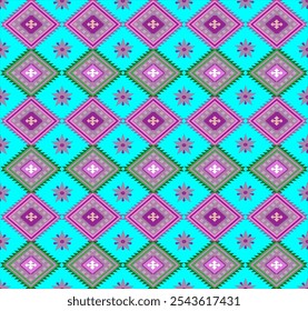 blue and pink sarong blue background decorated with flowers Designed with geometric patterns that blend perfectly and are eye-catching in terms of textiles. Clothes or decorations Vector illustration