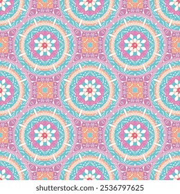 Patrón colorido transparente azul y rosa con mandalas y motivos árabes