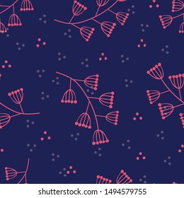 Blue and pink seamless floral vector pattern for design. Small pink flowers and with dots. Dark blue background. Modern floral texture. For textile, fabric, wallpaper, paper, stationery.