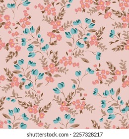 blue and pink seamless floral vector small flowers with leaves pattern on cream background