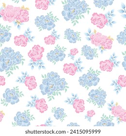 blue and pink seamless flowers pattern. Delicate petals and vibrant blossoms create an artistic and vintage botanical illustration. Perfect for wallpaper, fabric, wrapping paper and more.