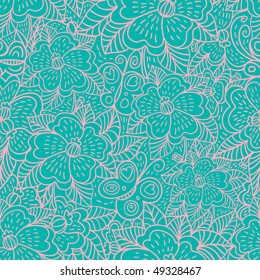 blue and pink seamless pattern with flowers and butterflies