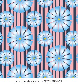 Blue pink seamless pattern on dark background, gradient petal chamomile daisy flower blossom