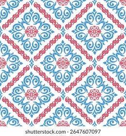 
Blue Pink Seamless Pattern Vector with Diamond Lattice Floral Ornaments and Decorative Geometric Background Design