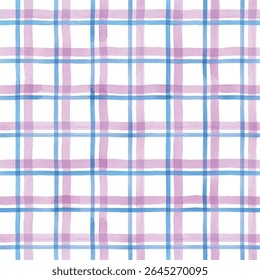 Azul, cor-de-rosa padrão sem emenda. listras de aquarela, textura de tartan para pano de mesa de piquenique de primavera, camisas roupas xadrez vestidos de cobertores papel. pintura de verão vetor pinceladas. Fundo xadrez