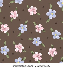 blue and pink seamless vector stock flowers leaves pattern on brown background
