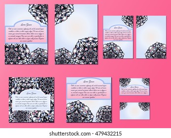 Blue and pink set of brochures, invitations and business cards. Nice hand-drawn illustration