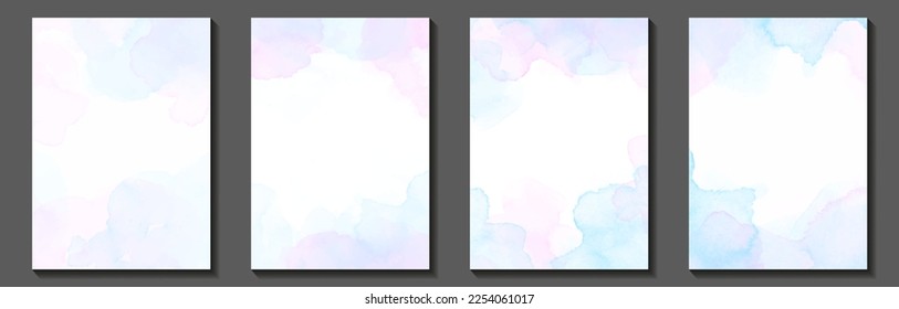 Blue and pink set vector watercolor art background for cover design, cards, flyers, poster. Pastel color watercolour texture. Hand drawn abstract light colorful painted template for design.