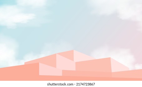 Blue and Pink Sky and fluffy clouds background with 3d Beige podium step,Vector illustration banner with Stage Showcase mockup, Minimal design Backdrop for Spring, Summer Sale, Cosmetic product