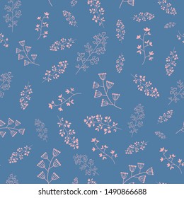 Blue and pink small  floral and leaf seamless repeat vector pattern. Trendy wild blowing floral pattern for fashion prints, paper, wallpaper, textiles, fabric.