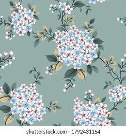 flores vectoriales azules y rosas pequeñas hojas patrón en fondo verde