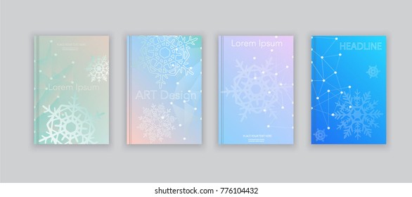 blue , pink snowflakes icon. Bright colored winter text frame. A4 brochure cover design. Title sheet model set. Creative front page art. Ad banner theme. Eco flyer font. Vintage event card