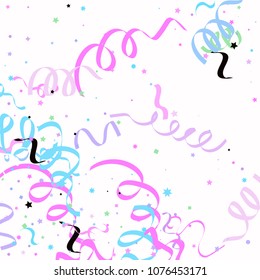 Blue and pink star ribbon confetti. Fallen vector white background. Geometric stars and ribbons explosion for invitation card. New year, christmas or birthday celebration template. Soft colors design.