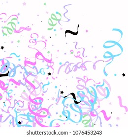 Blue and pink star ribbon confetti. Fallen vector white background. Geometric stars and ribbons explosion for invitation card. New year, christmas or birthday celebration template. Soft colors design.