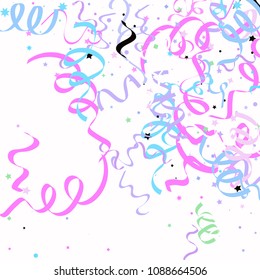 Blue and pink star ribbon confetti. Fallen vector white background. Geometric stars and ribbons explosion for invitation card. New year, christmas or birthday celebration template. Soft colors design.