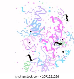 Blue and pink star ribbon confetti. Fallen vector white background. Geometric stars and ribbons explosion for invitation card. New year, christmas or birthday celebration template. Soft colors design.