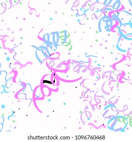 Blue and pink star ribbon confetti. Fallen vector white background. Geometric stars and ribbons explosion for invitation card. New year, christmas or birthday celebration template. Soft colors design.