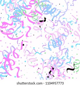 Blue and pink star ribbon confetti. Fallen vector white background. Geometric stars and ribbons explosion for invitation card. New year, christmas or birthday celebration template. Soft colors design.