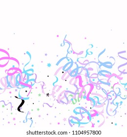 Blue and pink star ribbon confetti. Fallen vector white background. Geometric stars and ribbons explosion for invitation card. New year, christmas or birthday celebration template. Soft colors design.
