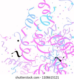 Blue and pink star ribbon confetti. Fallen vector white background. Geometric stars and ribbons explosion for invitation card. New year, christmas or birthday celebration template. Soft colors design.