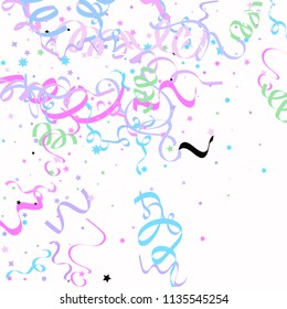 Blue and pink star ribbon confetti. Fallen vector white background. Geometric stars and ribbons explosion for invitation card. New year, christmas or birthday celebration template. Soft colors design.