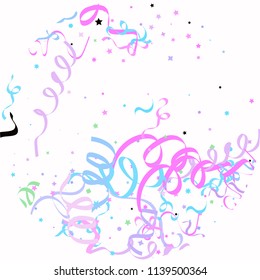 Blue and pink star ribbon confetti. Fallen vector white background. Geometric stars and ribbons explosion for invitation card. New year, christmas or birthday celebration template. Soft colors design.