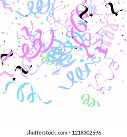 Blue and pink star ribbon confetti. Fallen vector white background. Geometric stars and ribbons explosion for invitation card. New year, christmas or birthday celebration template. Soft colors design.