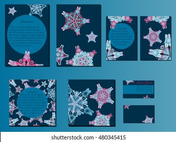 Blue and pink star-like designed brochures, business cards and invitations. Nice hand-drawn illustration
