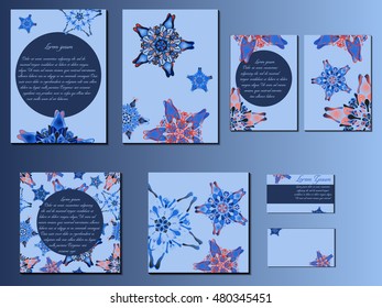 Blue and pink star-like designed brochures, business cards and invitations. Nice hand-drawn illustration