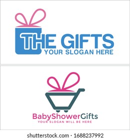 Blue pink symbol icon box gift with ribbon and trolley line art vector illustration logo suitable for online shop retail company baby shower business web surprise birthday