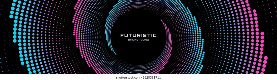 Blue pink techno background on dark space with dotted lines effect decoration. Modern graphic design element with glowing dots circles style concept for web banner, art, flyer, card, or brochure cover