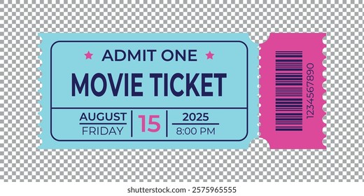 Blue and pink ticket with customizable text. Retro ticket template in vintage style for cinema, theater, circus and casino. High quality EPS 10 vector illustration.