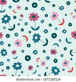 Blue and Pink Tossed Daisies Repeating Pattern