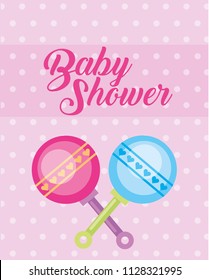 blue and pink toy rattles baby shower card