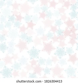 Blue and pink transparent snowflakes on a white background.
For fabric, baby clothes, background, textile, wrapping paper and other decoration. Vector seamless pattern EPS 10