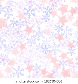 Blue and pink transparent snowflakes are scattered over a white background.
For fabric, baby clothes, background, textile, wrapping paper and other decoration. Vector seamless pattern EPS 10