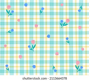 Blue Pink Tulip Flower Green Mint Gingham Patterns Background Editable Stroke. Vector Illustration Tablecloth, Picnic mat wrap paper.	