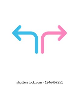 Blue and pink Two way or side arrow in different direaction icon, vector illustration isolated on white background.