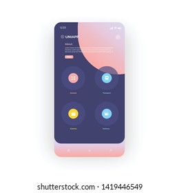 Blue and pink universal UI, UX, GUI screen for mobile apps design. Modern responsive user interface design of mobile applications including Universal screen with cinema, transport and delivery icons